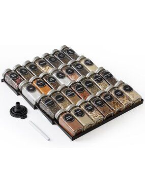 4-Tier Spice Drawer Organizer with 28 Jars & Labels - Kitchen Storage Rack
